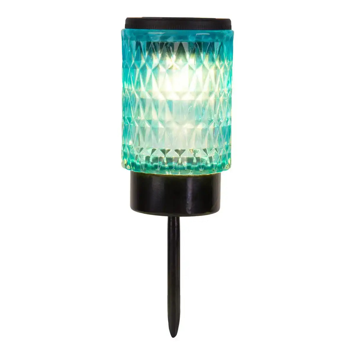 Solar-Dekoerdspieße "MILA"2er Set, Ø 8,3 cm, 25 cm hoch, schwarzes Metall, schweres, strukturiertes Glas in Rot/Gelb und in Blau/Grün, integrierte LED, warmweiß