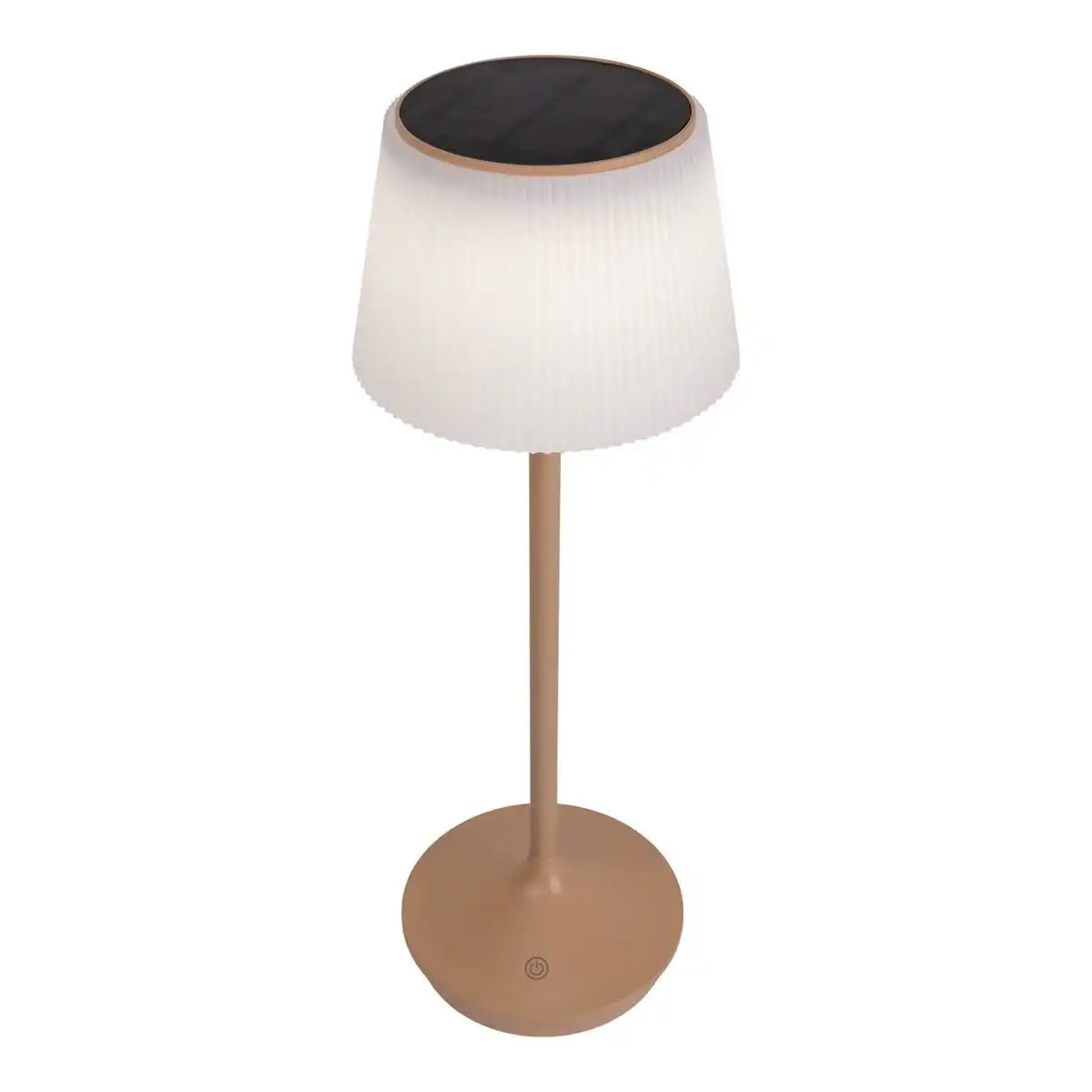 Solar-Akkutischleuchte "EMMI" 38 cm hoch, Schirm Ø 13 cm, Metall in Almond und weißer Kunststoff, für den Außenbereich, dimmbar CCT.
