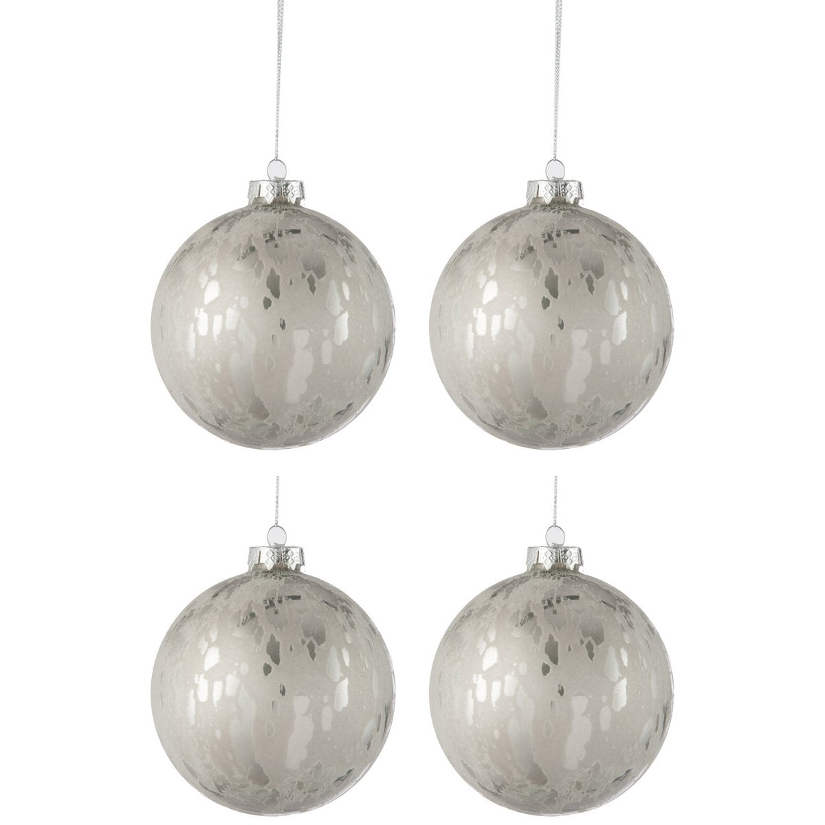 J-Line Box mit 4 Weihnachtskugeln aus Glas, glänzend/matt, Antiksilber, groß