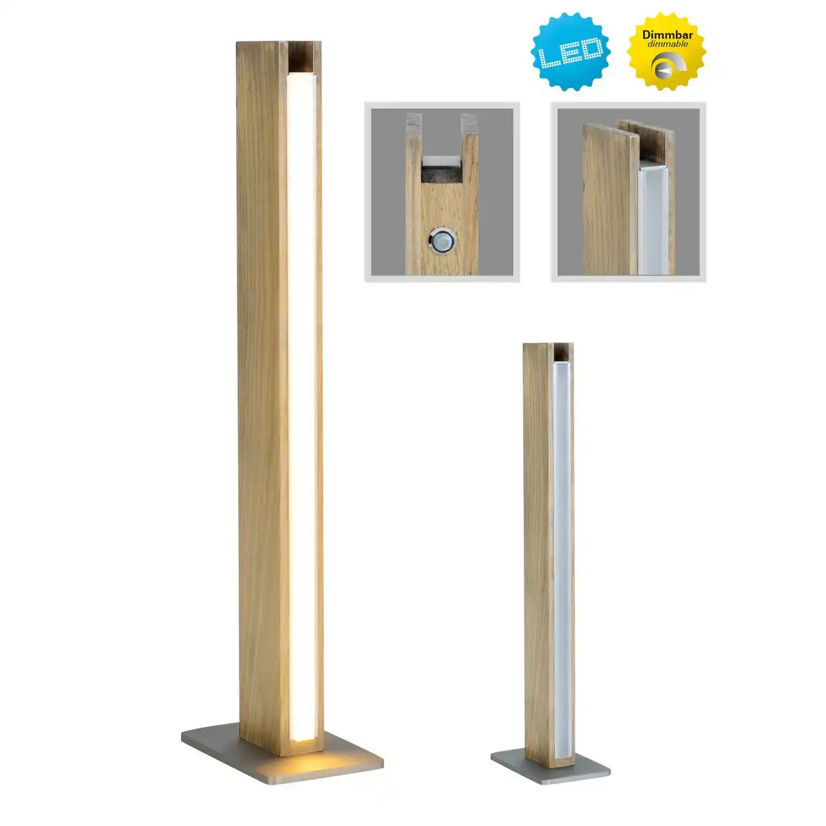LED Tischleuchte "STRAIGHT" 51 cm hoch, aus Metall, Kunststoff und Eschenholz, mit fest verbauten LEDs, warmweiß (770lm, 3000K), dimmbar