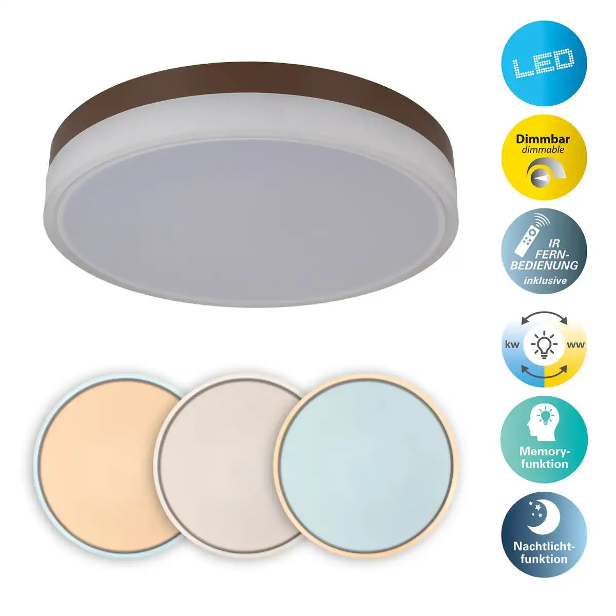LED Deckenleuchte "Lola" Ø von 50 cm, 9 cm hoch, Metall und Kunststoff in Braun und Weiß, integrierte LEDs, 1900 lm, dimmbar, CCT-Funktion 3000-6500 K, Nachtlichtfunktion