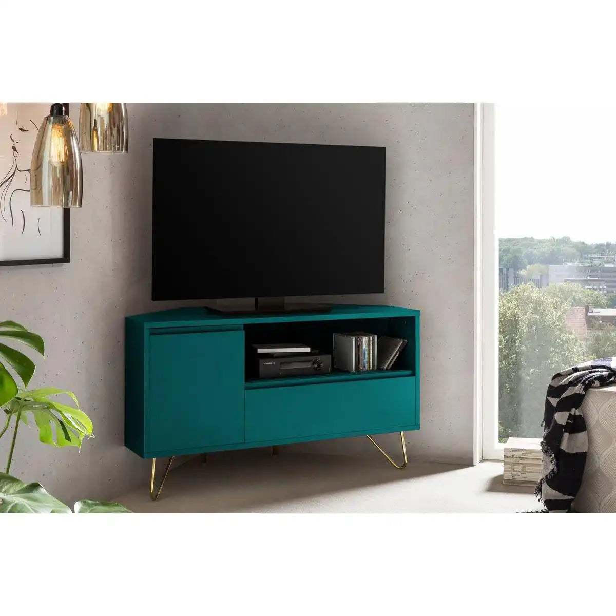 Eck TV-Lowboard mit Schublade, Klappfach und offenem Fach - HomeDesign Knaus