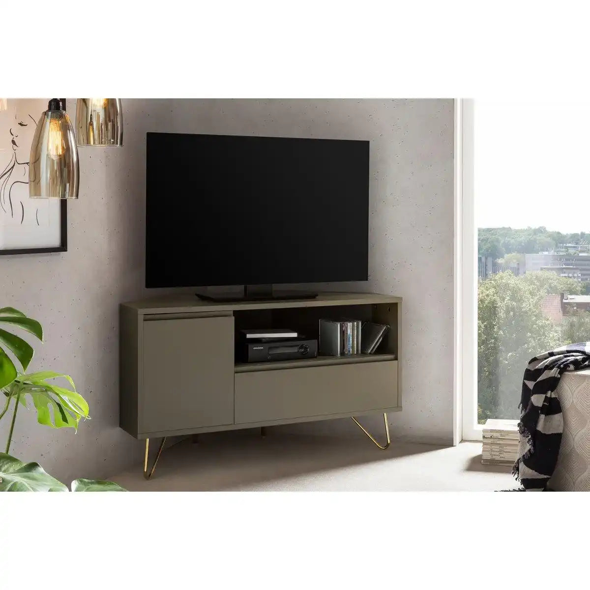 Eck TV-Lowboard mit Schublade, Klappfach und offenem Fach - HomeDesign Knaus