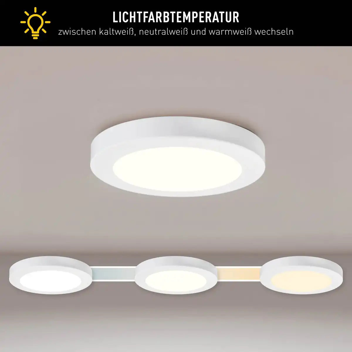 LED Deckenleuchte "BONUS" Ø16,5 cm, Funktionsleuchte Einbau- und Aufbau möglich, Deckenlampe aus Metall und Kunststoff in weiß, mit fest verbauten LEDs, inkl. CCT-Farbwechsler