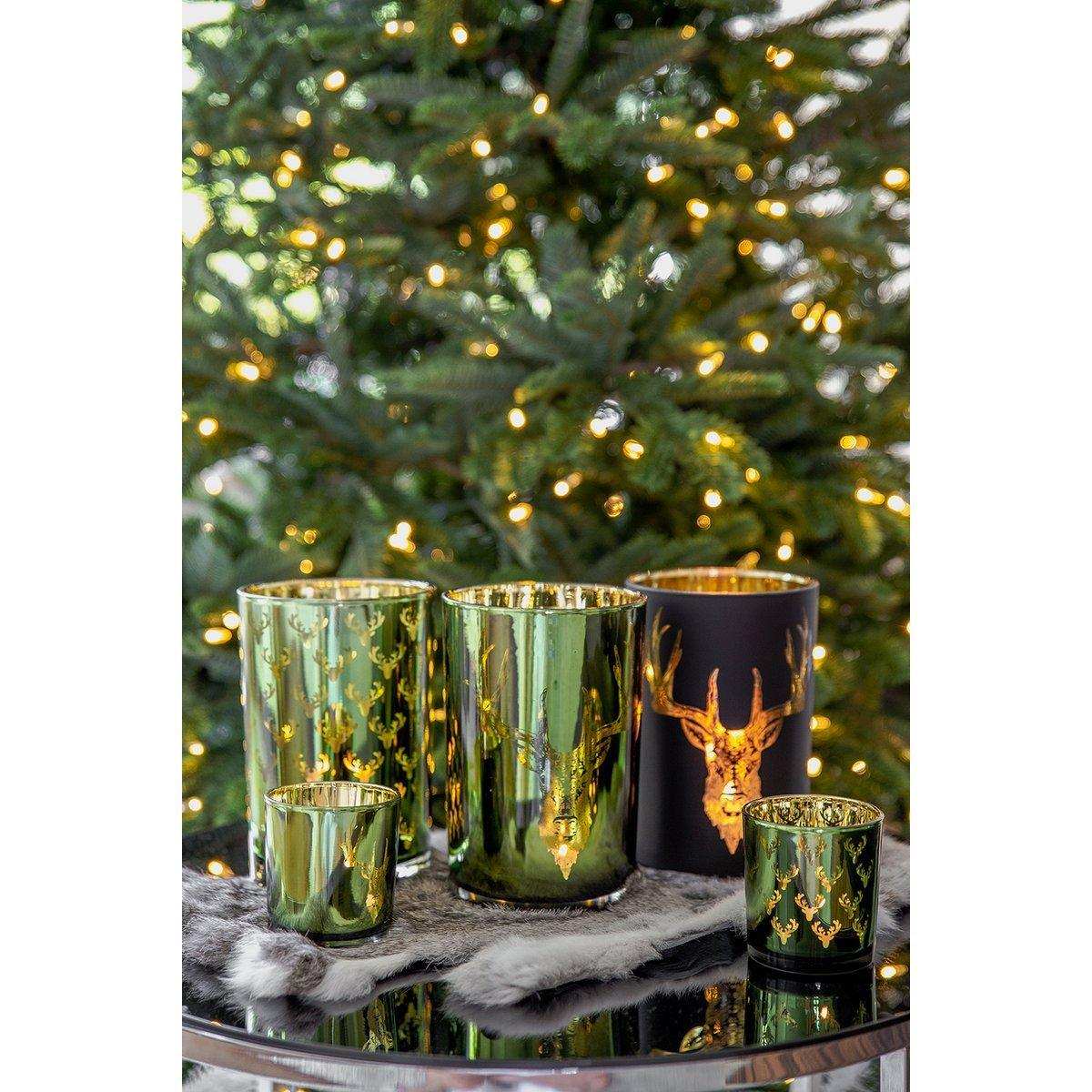EDZARD Windlicht Teelichthalter Teelichtglas Wald, Hirsch-Motiv, matt-schwarz / gold, Höhe 18 cm - HomeDesign Knaus