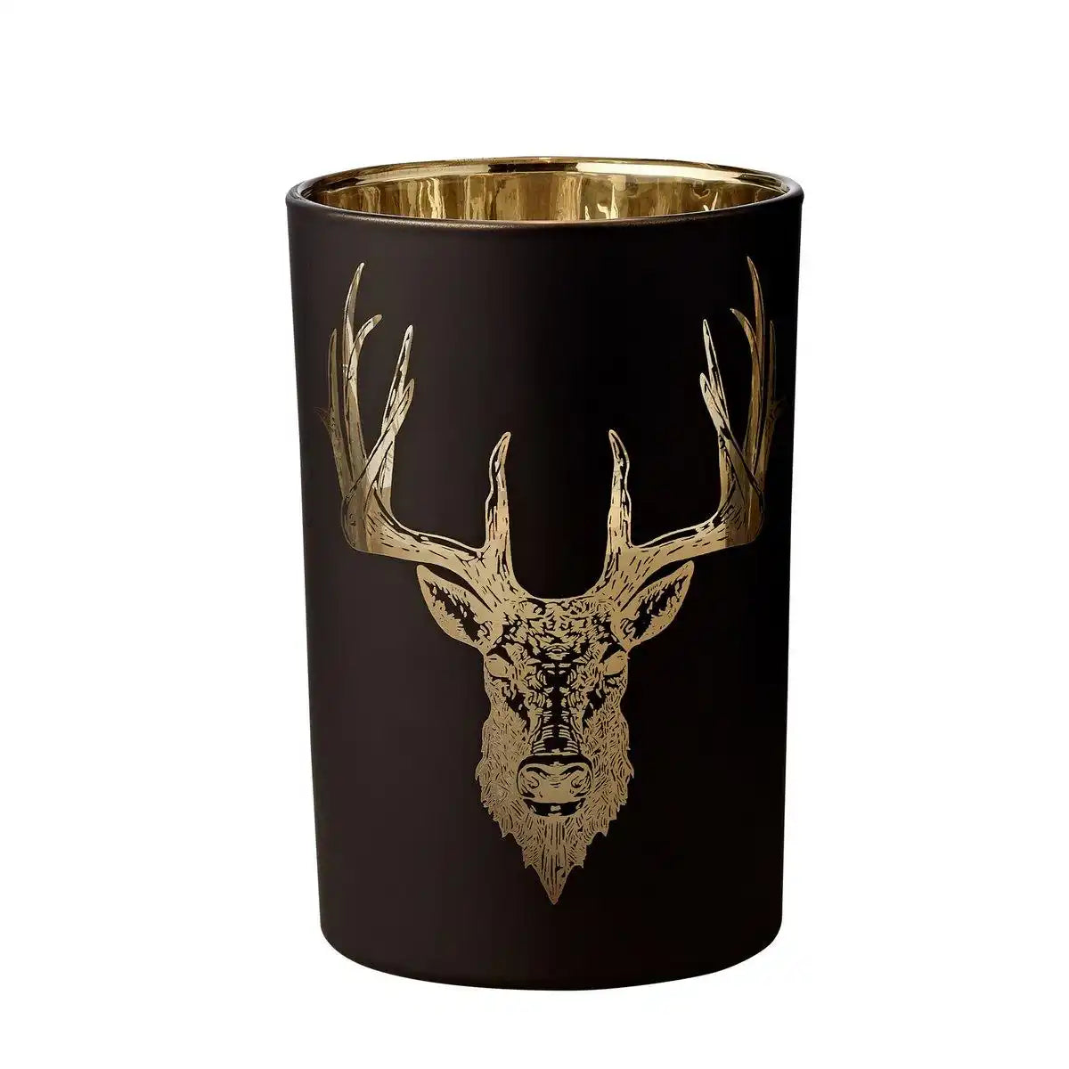 EDZARD Windlicht Teelichthalter Teelichtglas Wald, Hirsch-Motiv, matt-schwarz / gold, Höhe 18 cm - HomeDesign Knaus