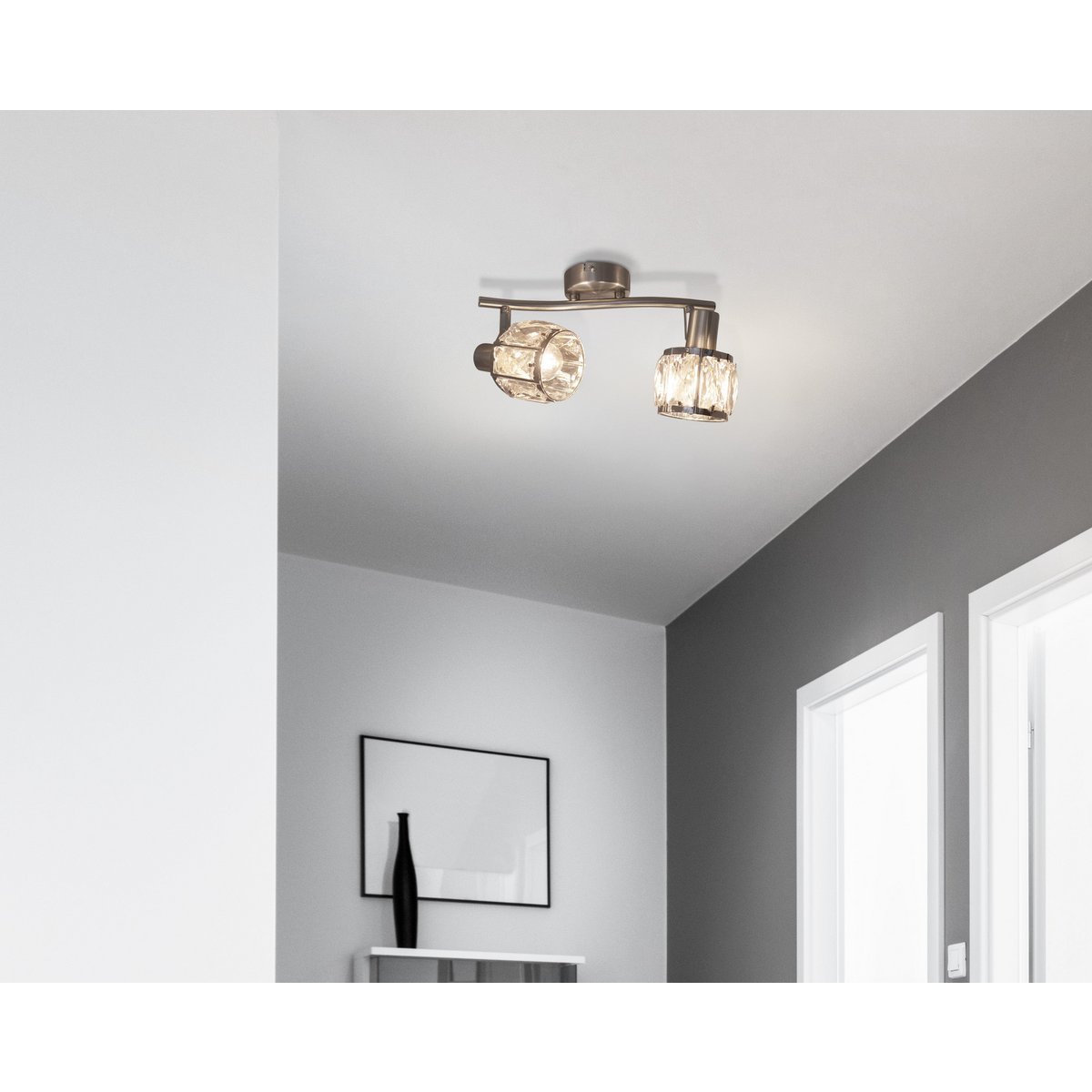 2er-LED-Spot "JOSEFA", Deckenlampe aus Metall und Glas in Edelstahloptik, mit E14-Fassung Filament Leuchtmittel inklusive, für Wohnzimmer, Esszimmer, Flur oder Diele 28 x 8 cm