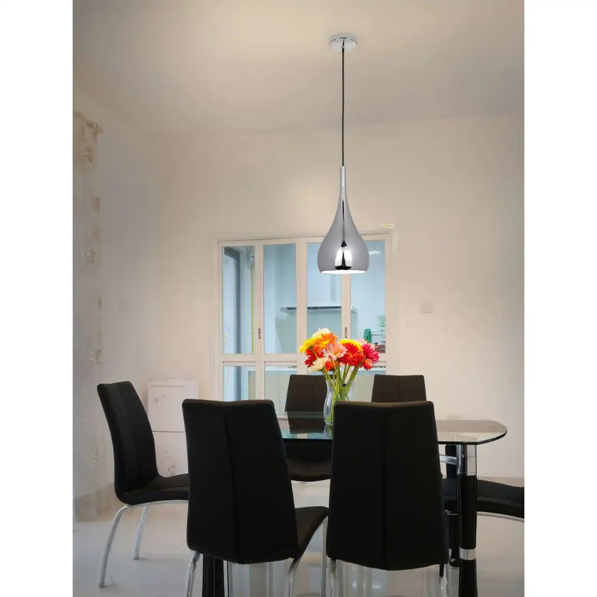 Pendelleuchte "STYLE", Retro Klassiker, Pendellampe aus chromglänzendem Metall mit E27-Fassung, Schirm Ø23 cm, ideal für Esszimmer, Wohnzimmer und Küche.