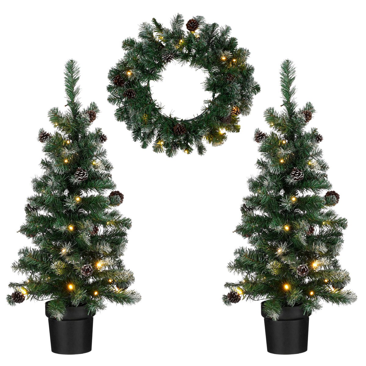 2er Set künstlichen Weihnachtsbäumen und 1 Weihnachtskranz mit LED -Beleuchtung - grün gefrostet