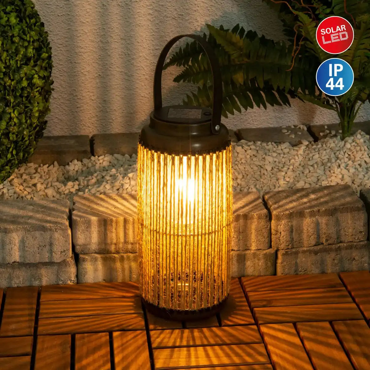 LED Solarleuchte "Korbinian" für Garten und Terrasse, Dekolampe aus Metall mit Jutebespannung in natur, LEDs fest verbaut Solarlampe für Außen 29 x 13 cm
