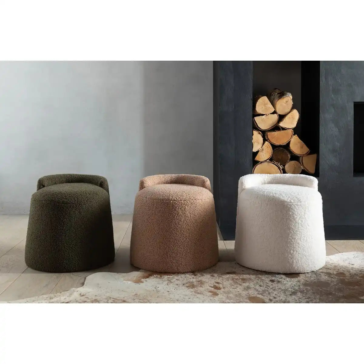 Teddy Pouf mit Bouclé-Rückenlehne – Textil – Kamel