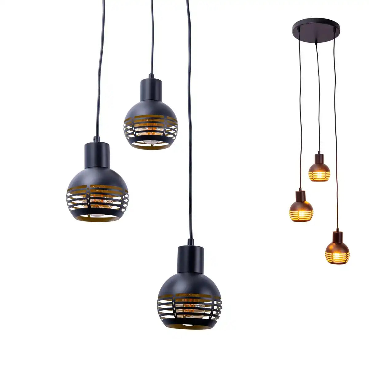 3er Pendelleuchte "CASCO" Hängelampe aus Metall in Schwarz, und Gold, mit E27-Fassungen. Stilvolle Beleuchtung für Wohnzimmer, Esszimmer oder Küche.