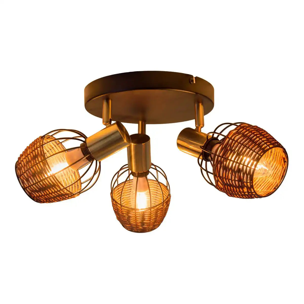3er Deckenrondell "CORBIS", Spot aus Metall in Schwarz, mit Gold und Rattan, mit E14-Fassung, für Esszimmer, Wohnzimmer, Diele oder Büro, Beleuchtung für Wohnzimmer, Esszimmer oder Büro, 38 cm Durchmesser