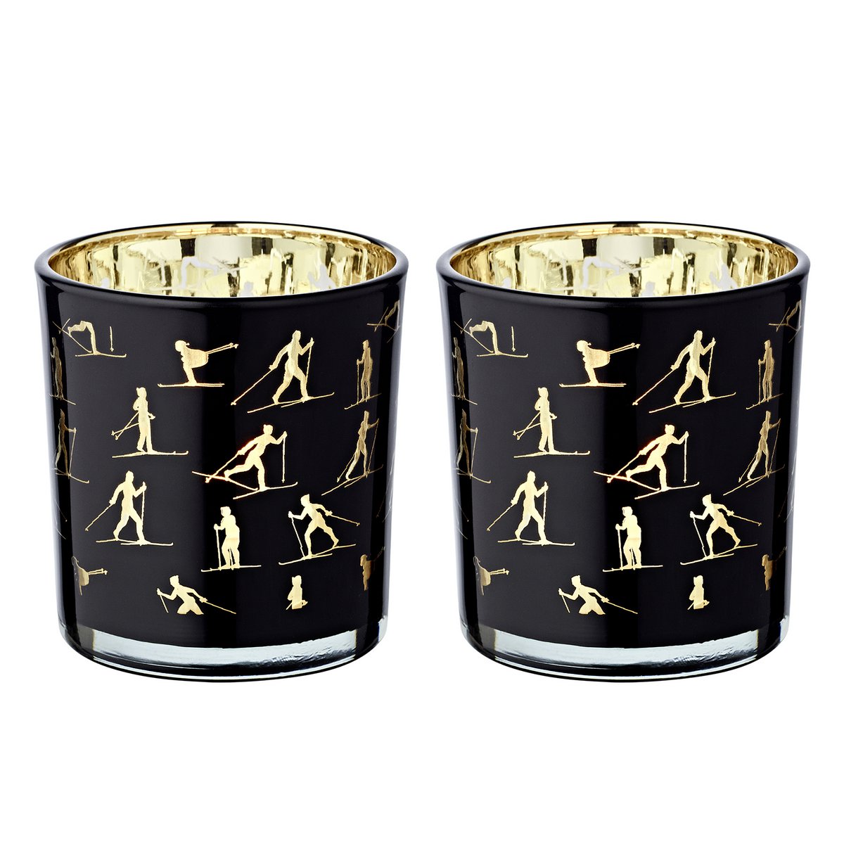 2er-Set Teelichtglas Monty (Höhe 8 cm, ø 7,5 cm), Windlicht mit Skisport Motiv,  gold / schwarz