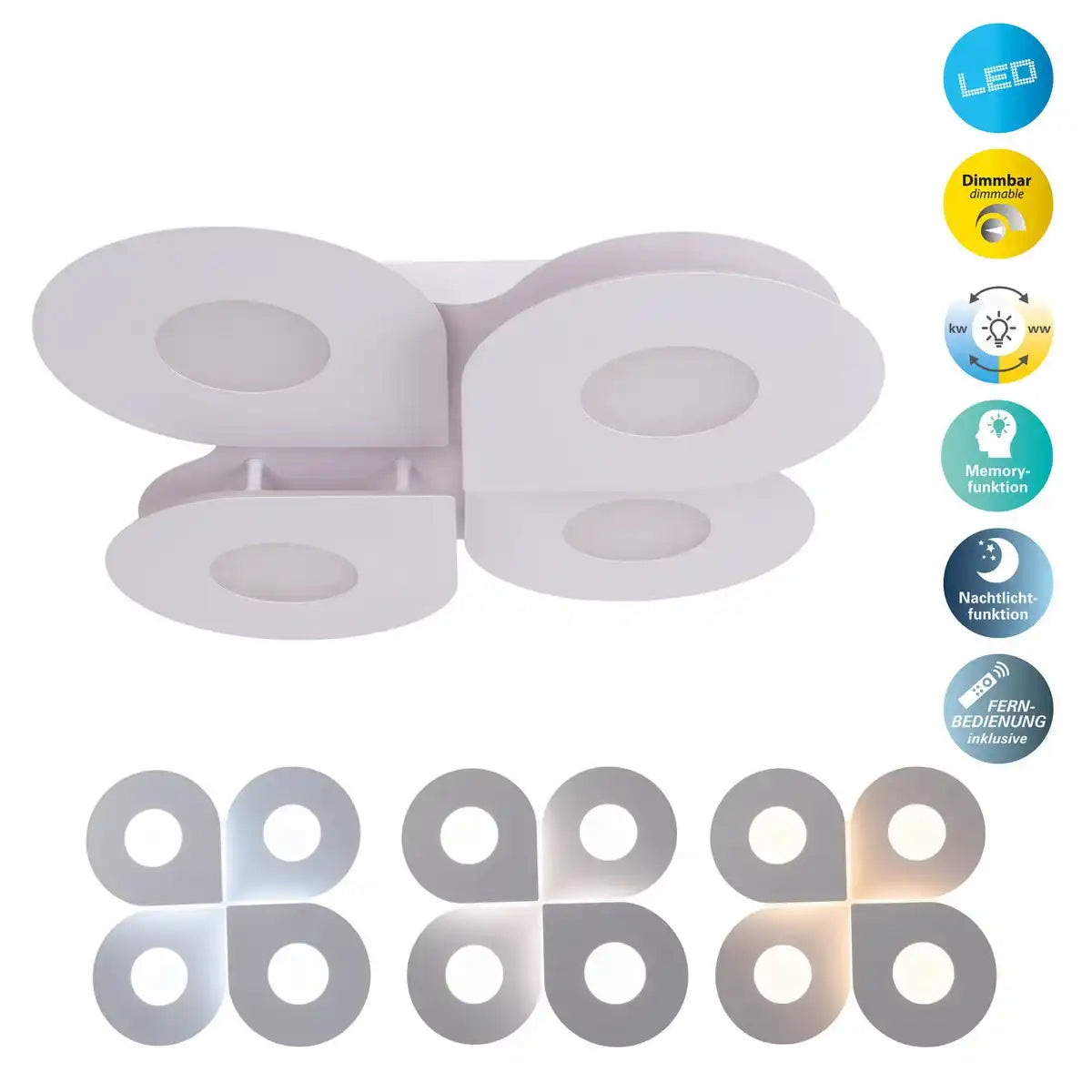 LED Deckenleuchte "SMILLA" weiß, 50 x 50 cm, 8 cm, Metall und Kunststoff, integrierte LEDs, 2400 lm, dimmbar, CCT-Funktion 3.000-6.500 K, Nachtlichtfunktion.