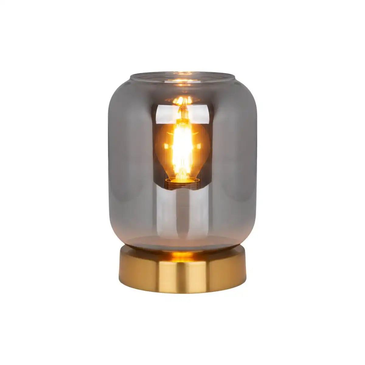 Glas-Tischleuchte "ALESSIO", 17 cm hoch, Ø 12 cm, goldfarbenes Metall, Rauchglas, E14