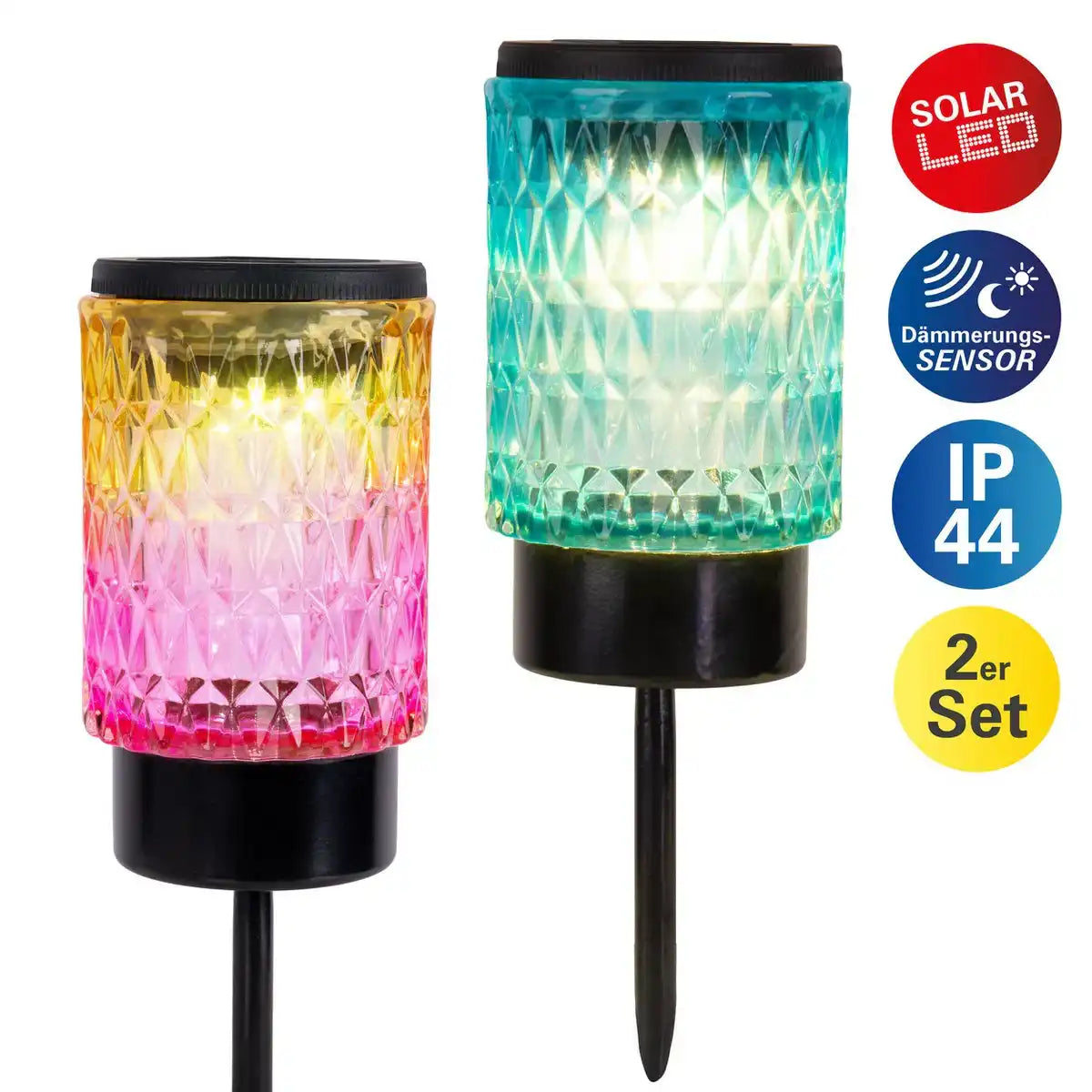 Solar-Dekoerdspieße "MILA"2er Set, Ø 8,3 cm, 25 cm hoch, schwarzes Metall, schweres, strukturiertes Glas in Rot/Gelb und in Blau/Grün, integrierte LED, warmweiß