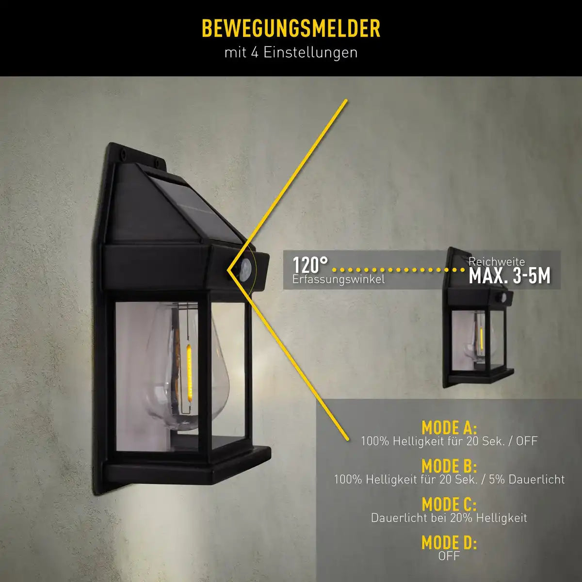2er Set Solar-Wandleuchte "Mira" ca. 17 cm hoch, aus schwarzem wetterfestem Kunststoff, integrierter LED in warmweiß, inkl. Bewegungsmelder und Dämmerungssensor