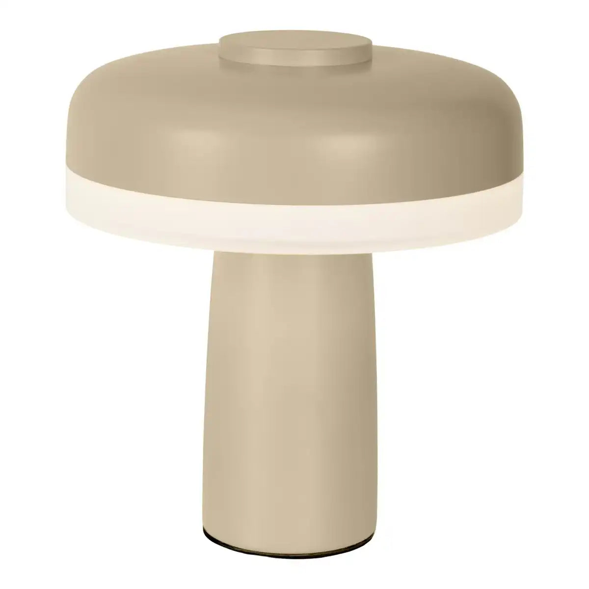 Akku-Tischleuchte "PILU", 16,5 cm hoch, oben Ø von 15 cm, Metall in der Farbe Frost Allmond, weißer Kunststoff, integrierten LEDs,280 Lumen, dimmbar per Berührungssensor, warmweiß