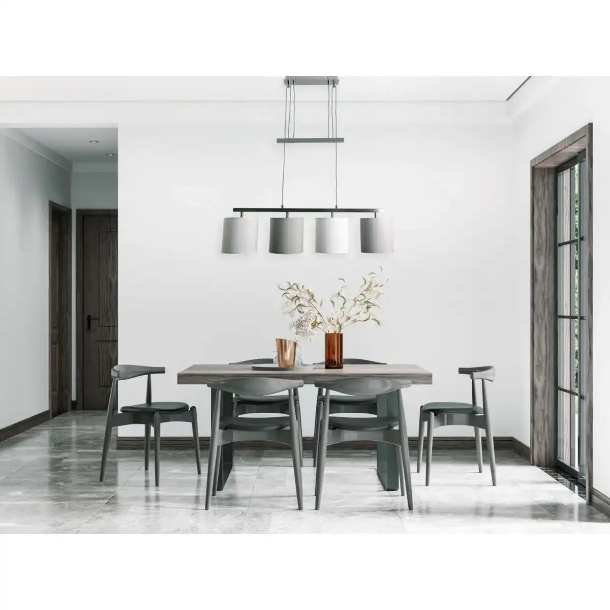 4er Pendelleuchte "TILDE", klassische Pendellampe aus Metall und Textil in Grau und Weiß, mit E27-Fassung, höhenverstellbar, 86 cm lang, ideal als Esszimmerleuchte