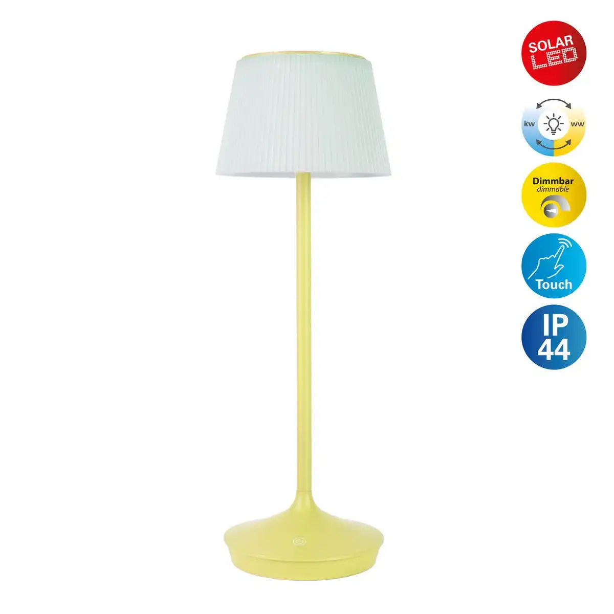 Solar-Akkutischleuchte "EMMI" 38 cm hoch, Schirm Ø 13 cm, Metall in Gelb und weißer Kunststoff, für den Außenbereich, dimmbar CCT.
