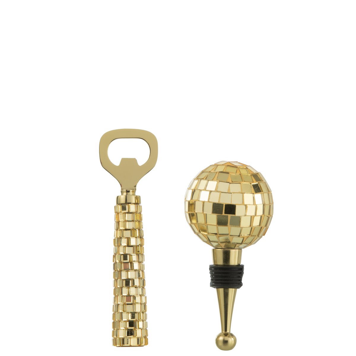 J-Line-Schachtel mit 4 Flaschenöffner + Flaschenstopp Mosaikglas Goldfarbe
