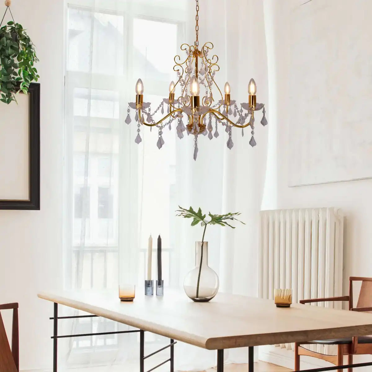 Krone 5flg. "LUCIA" mit Behang , aus Metall und Kunststoff in Gold, mit E14-Fassung, Beleuchtung für Esszimmer, Wohnzimmer, Diele oder Büro