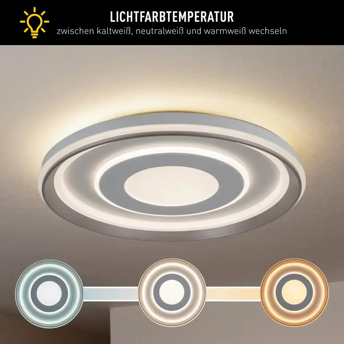 LED Deckenleuchte "DOIRA" Ø 50,5 cm, 7,5 cm hoch, Metall und Kunststoff in Silber und Weiß, integrierte LEDs, 3600 lm helles Licht, dimmbar, CCT-Funktion 3000-6500 K, Nachtlichtfunktion