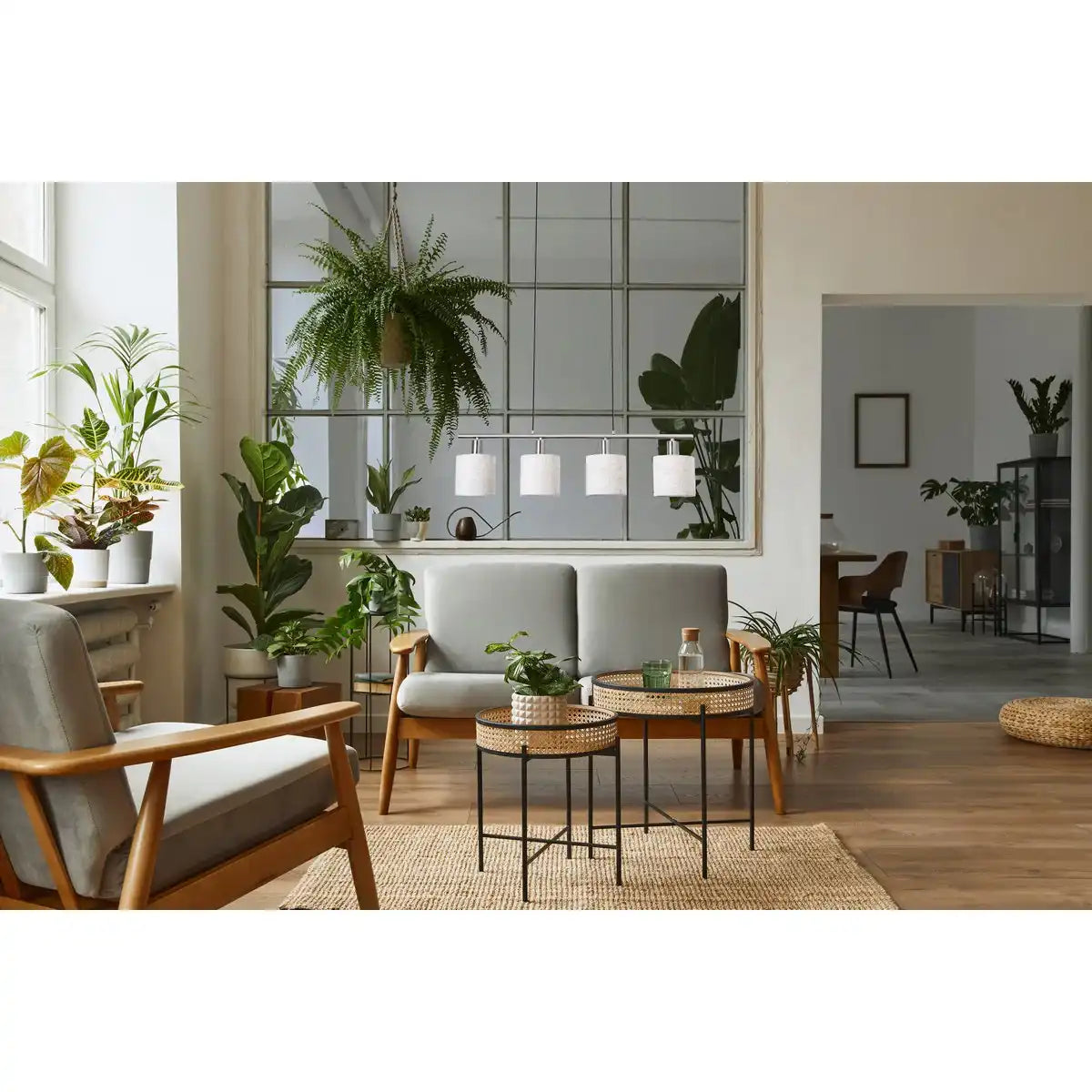 4er Pendelleuchte "MARON" aus Metall satiniert-matt mit Stoffschirmen in Natur, mit E14-Fassung, Lampe für Wohnzimmer oder Esszimmer,71,5 x 12 cm