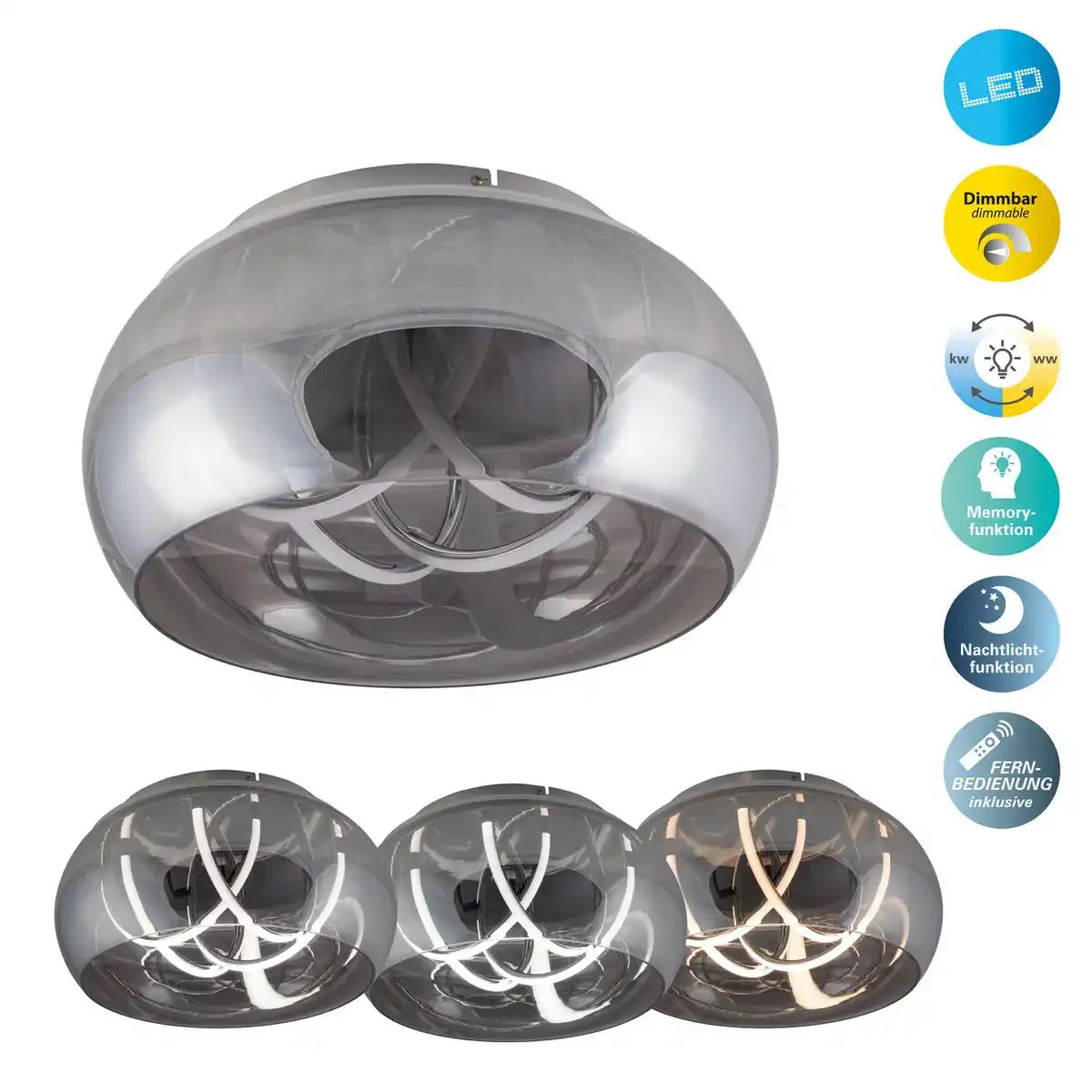 LED Deckenleuchte "MALOU" Ø 45 cm, 23,5 cm hoch, aus Metall, Rauchglas, integrierte LEDs, warmweiß
