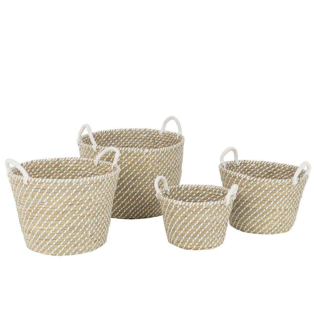 J-Line 4er-Set Korb mit runden Griffen, Stroh, natur/weiß - HomeDesign Knaus