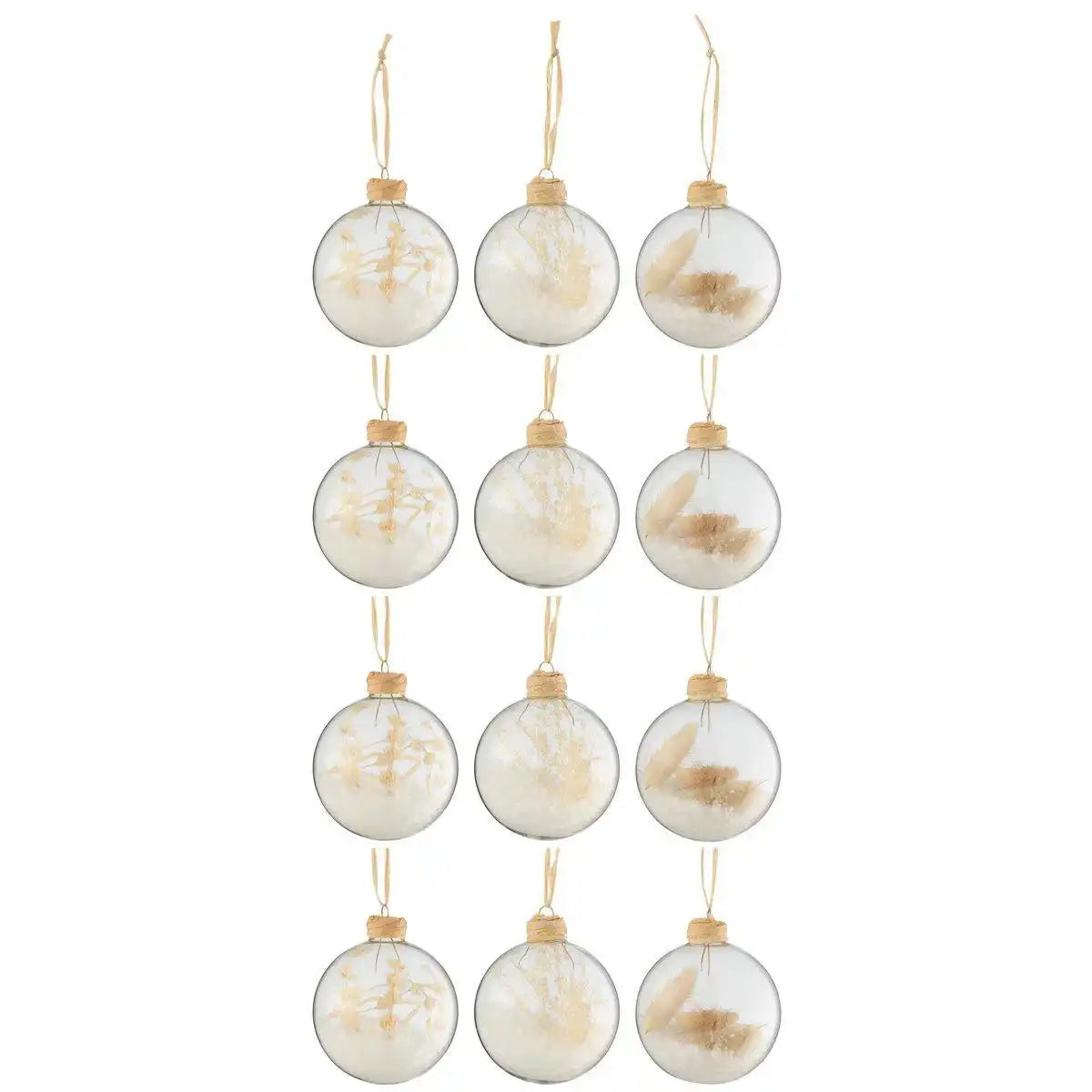 J-Line Box mit 12 Weihnachtskugeln, 4+4+4 getrocknete Zweige, beige, Glas, transparent - HomeDesign Knaus
