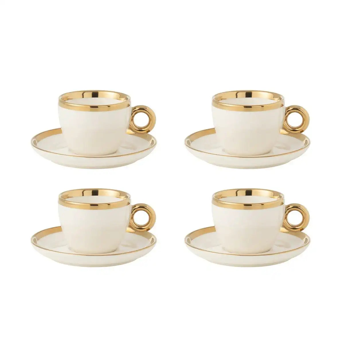 J-Line Box mit 4 Tassen + Untertasse, Keramik, Weiß/Gold - HomeDesign Knaus