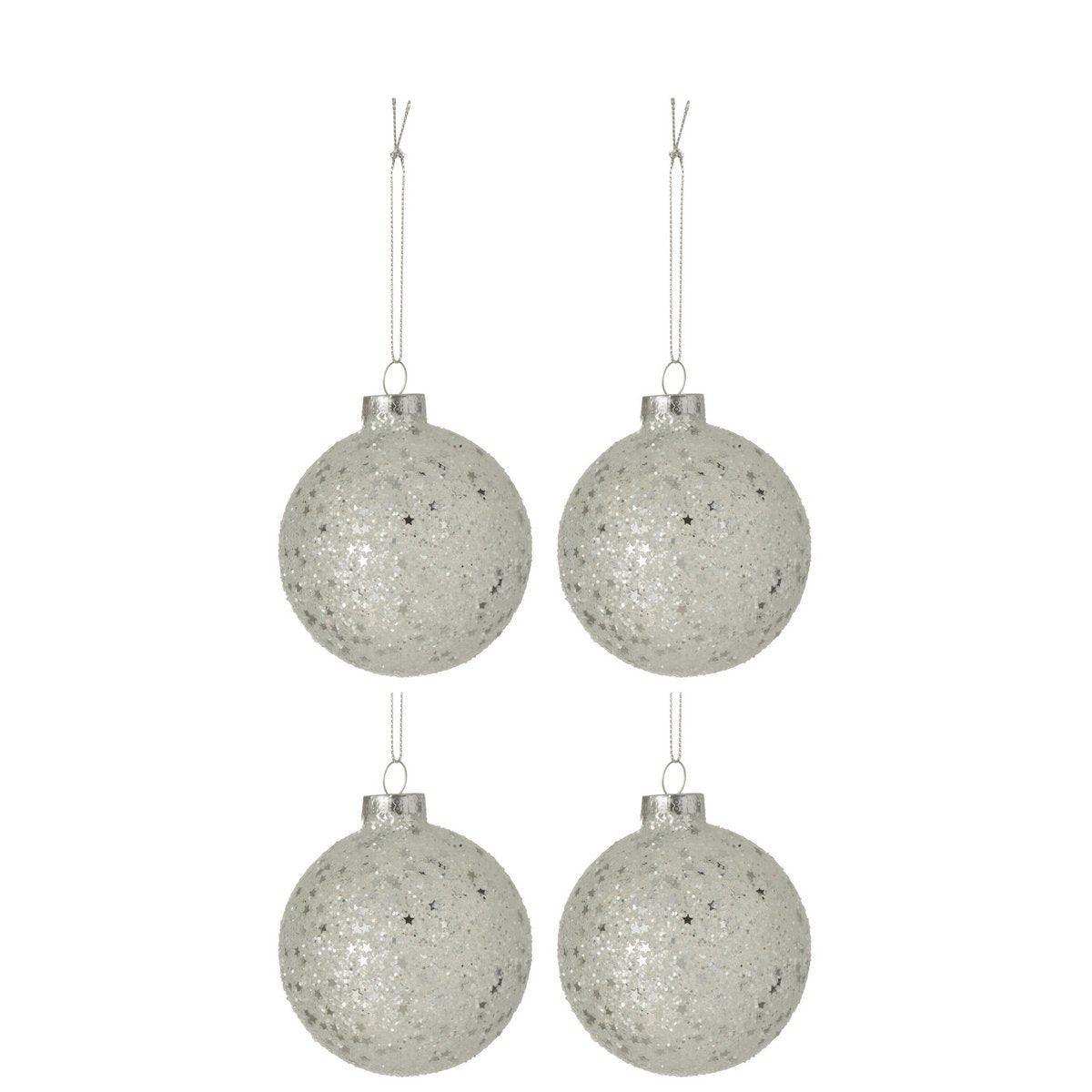 J-Line Box mit 4 Weihnachtskugeln Sterne Glas Silber Medium - HomeDesign Knaus