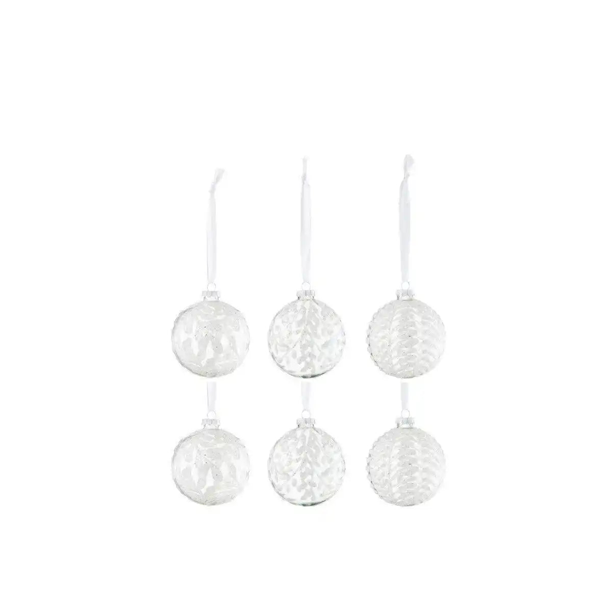 J-Line Box mit 6 Weihnachtskugeln, 2+2+2 Blätter, Pailletten, Glas, Weiß, klein - HomeDesign Knaus