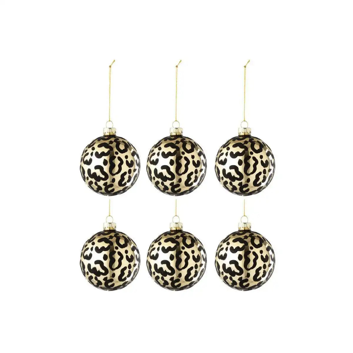 J-Line Box mit 6 Weihnachtskugeln, Leopardenmuster, Glas, Gold/Schwarz - HomeDesign Knaus