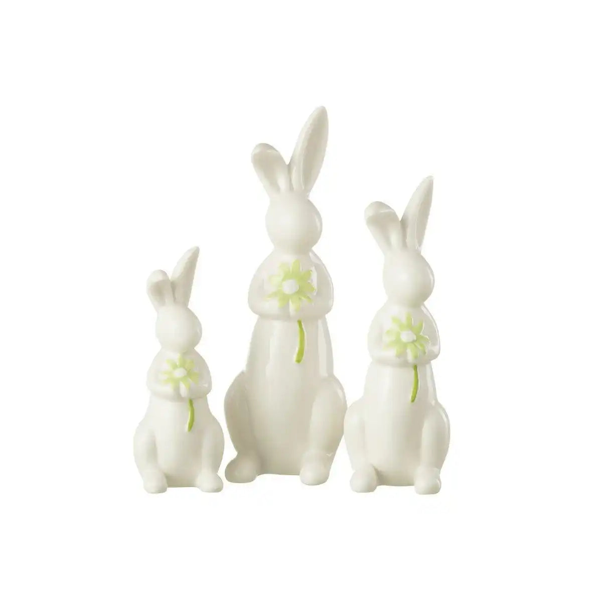 J-Line Dekoration Rabbits Flowers - Porzellan - Grün/Weiß - - HomeDesign Knaus