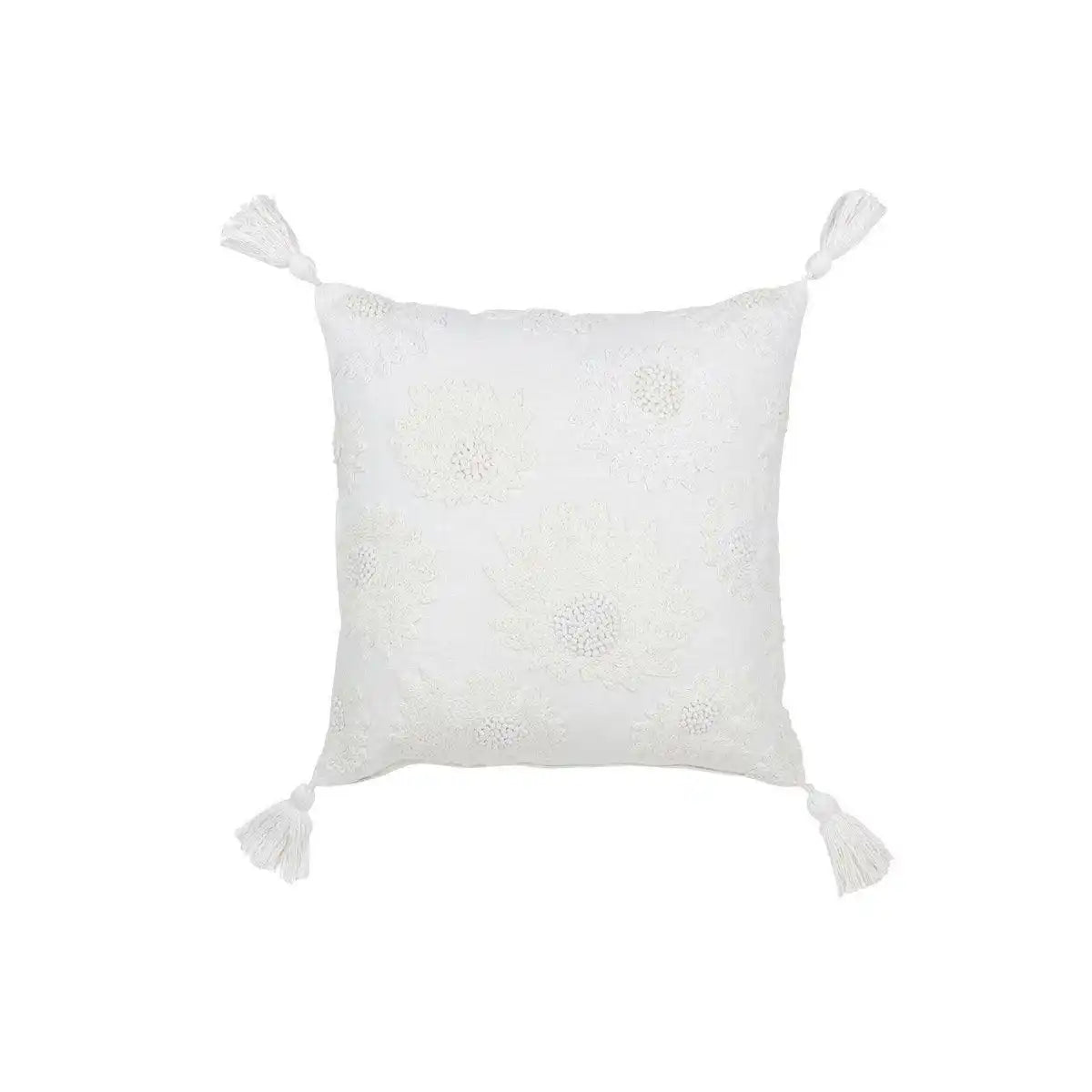 J-Line Kissen Flowers + Quasten – Baumwolle – Weiß - HomeDesign Knaus