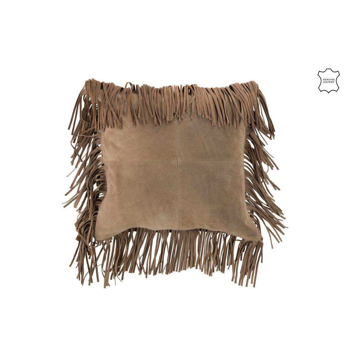 J-Line Kissen Fringes Square – Leder – Beige - HomeDesign Knaus