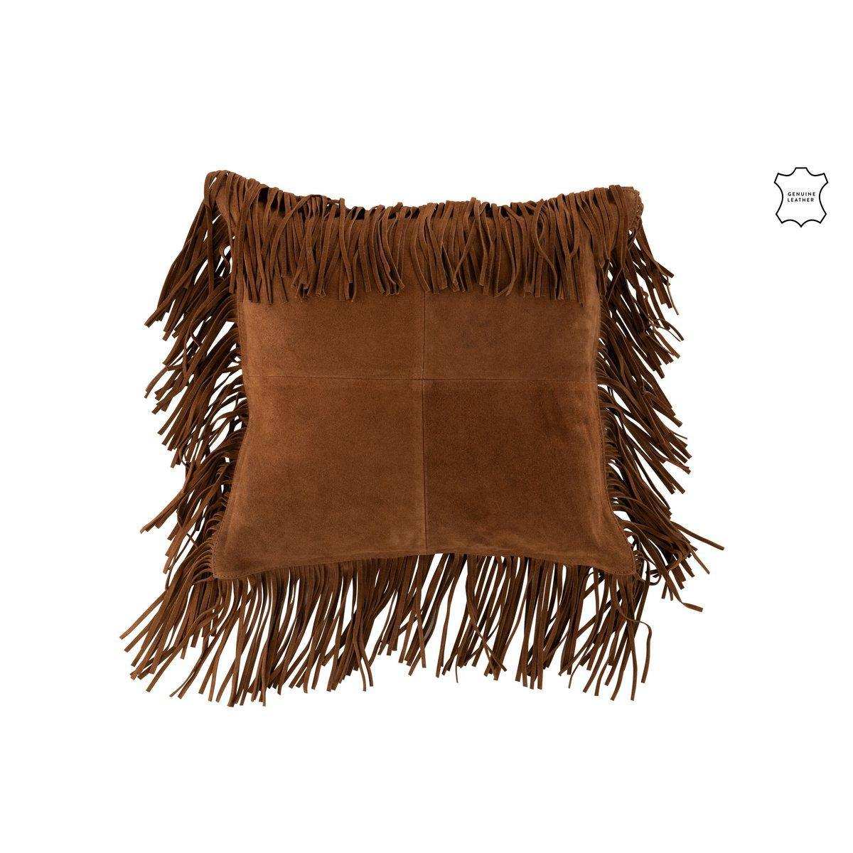J-Line Kissen Fringes Square – Leder – Cognac - HomeDesign Knaus