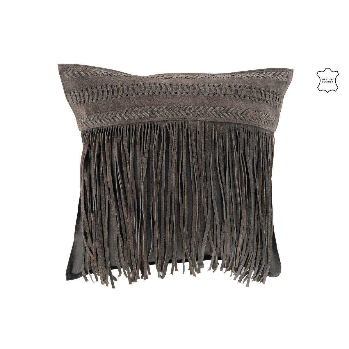 J-Line Kissen Fringes Square – Leder – Grau - HomeDesign Knaus