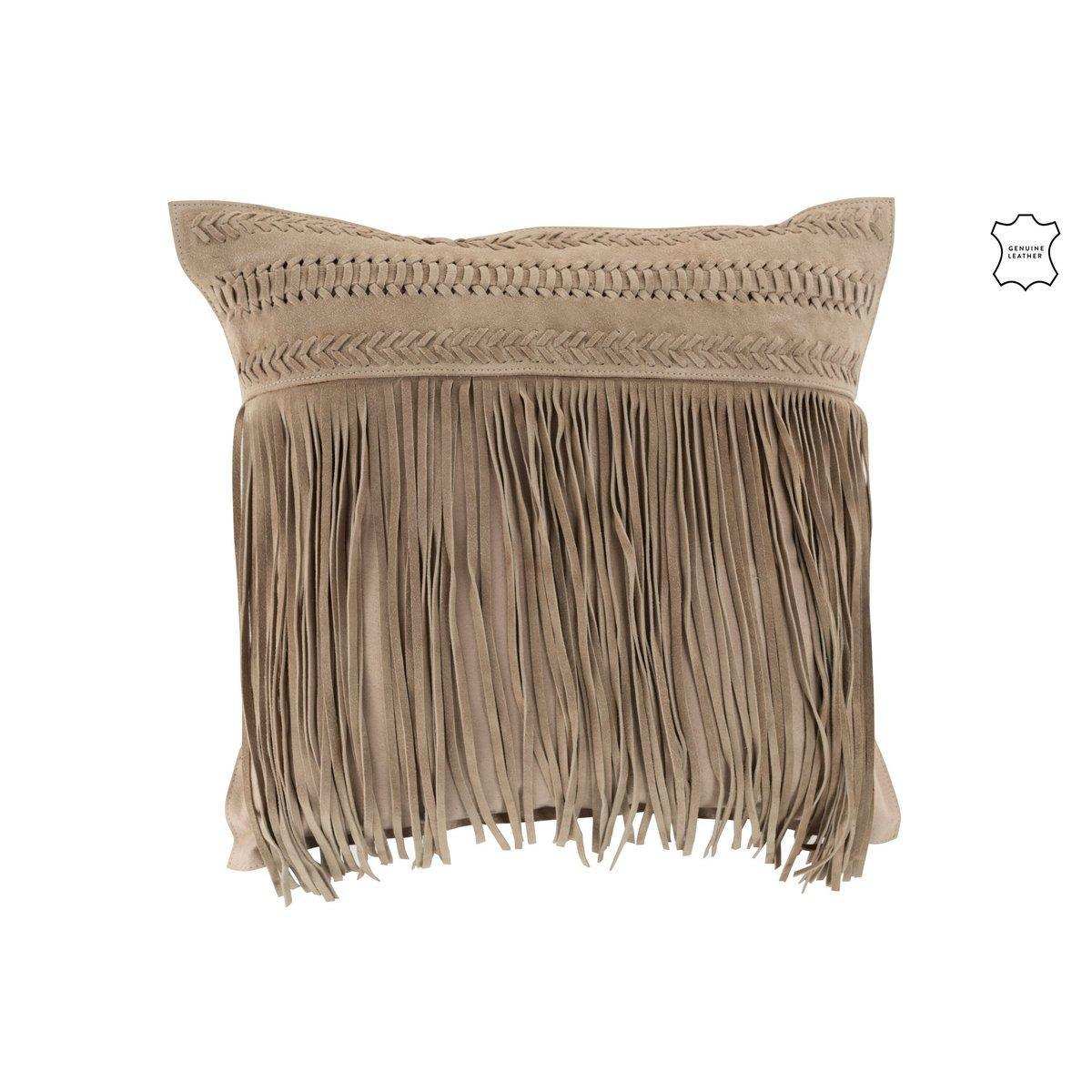 J-Line Kissen Fringes Square – Leder – Hellgrau - HomeDesign Knaus