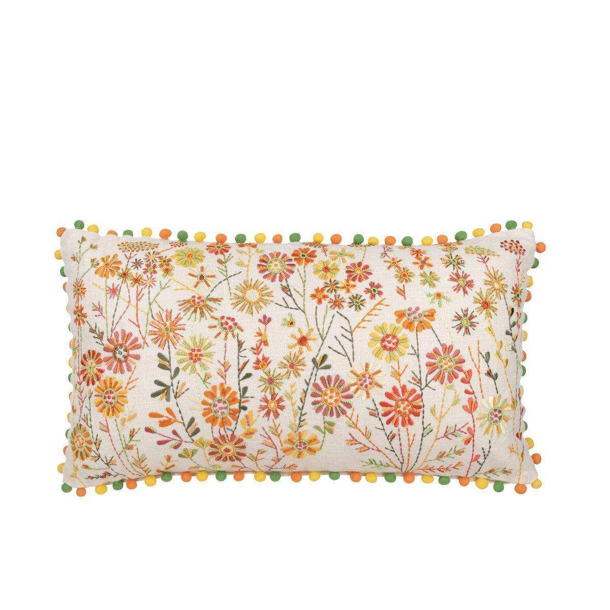 J-Line Kissen Rechteckige Blumen + Pompons – Baumwolle – Weiß/Orange - HomeDesign Knaus