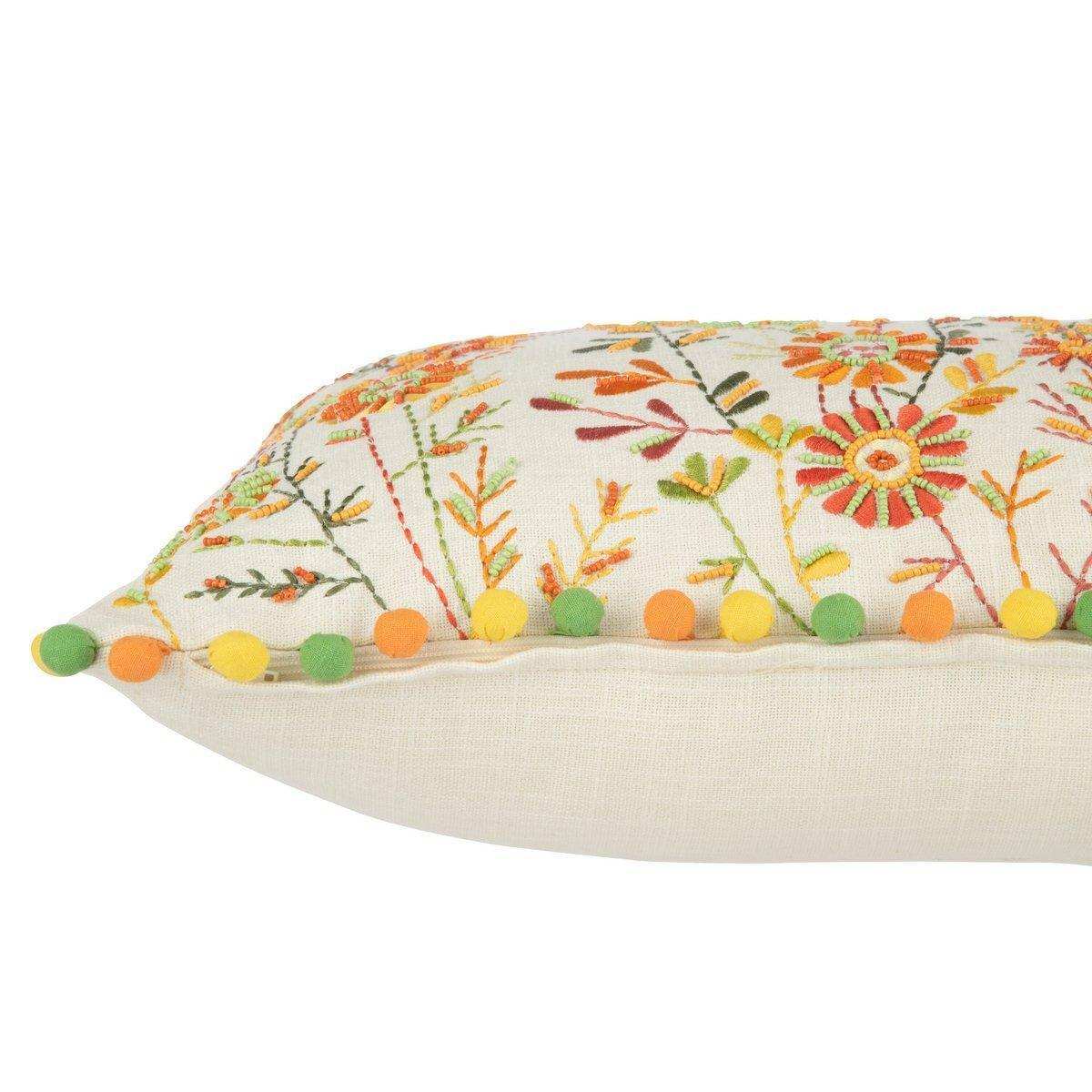 J-Line Kissen Rechteckige Blumen + Pompons – Baumwolle – Weiß/Orange - HomeDesign Knaus