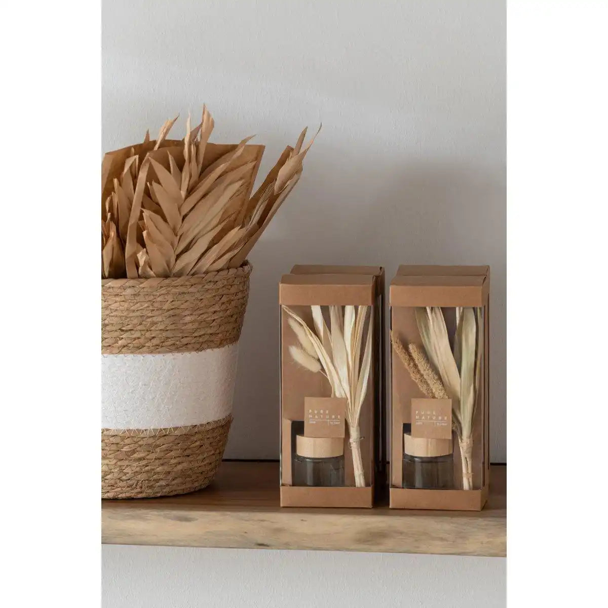 J-Line Korb rund mit Streifen+ Griff, Korbgeflecht, natur/weiß - HomeDesign Knaus
