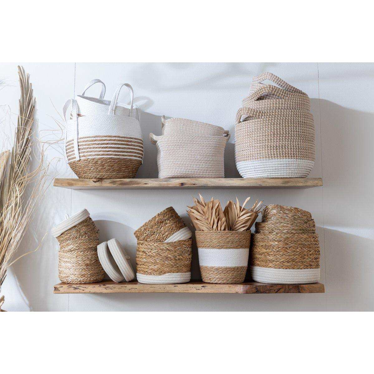 J-Line Korb rund mit Streifen+ Griff, Korbgeflecht, natur/weiß - HomeDesign Knaus