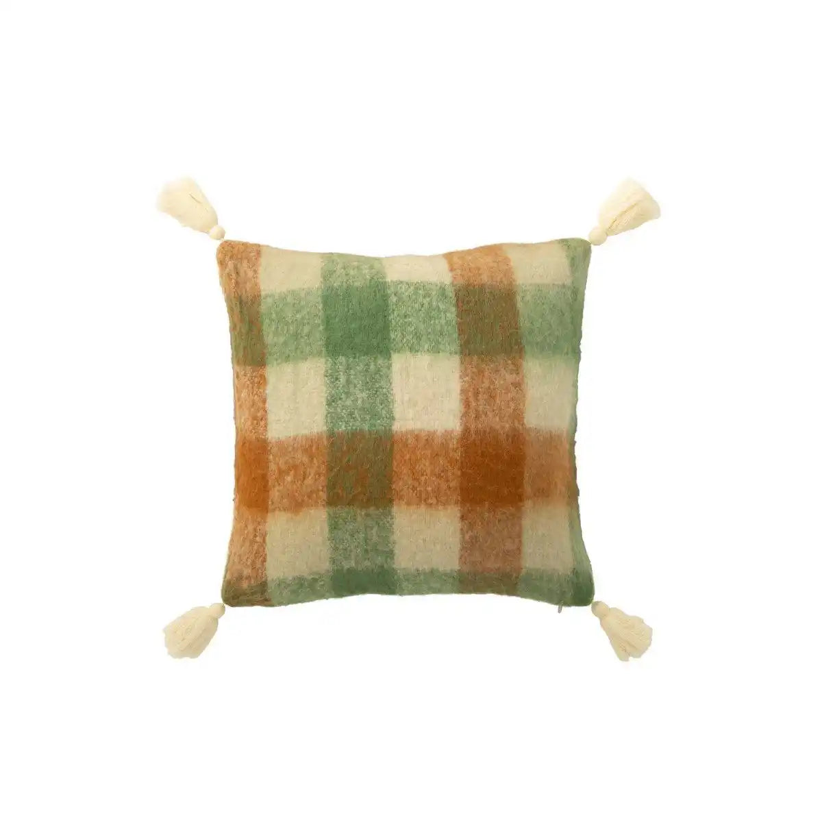 J-Line Kussen Ruitjes+Kwastjes Acryl Weiß/Grün/Braun - HomeDesign Knaus