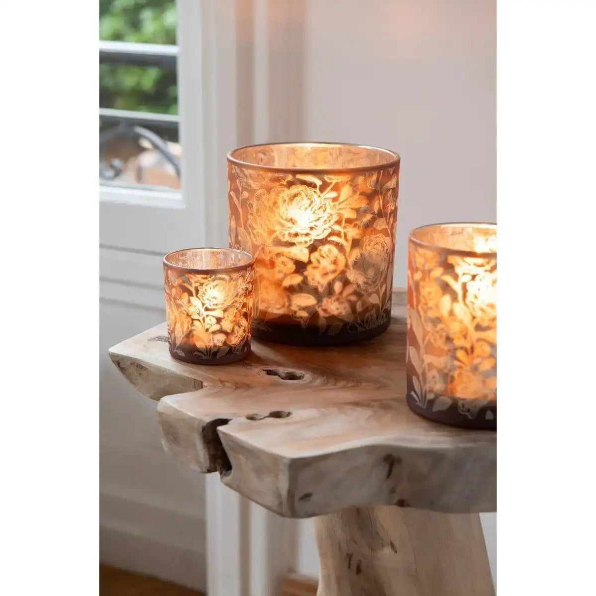 J-Line Laterne Blumen Glas Mattbraun/Silber Medium - HomeDesign Knaus