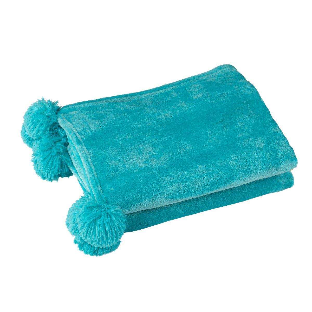 J-Line Plaid Pompom Polyester Azure - HomeDesign Knaus