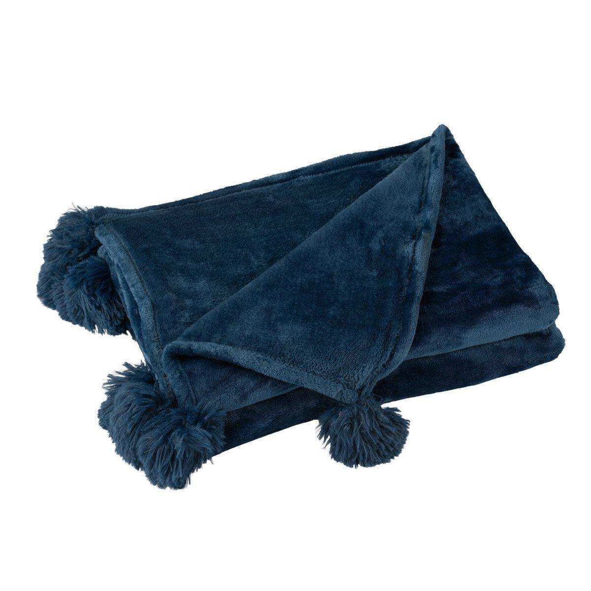 J-Line Plaid Pompom – Polyester – Blau – 170 x 130 cm - HomeDesign Knaus